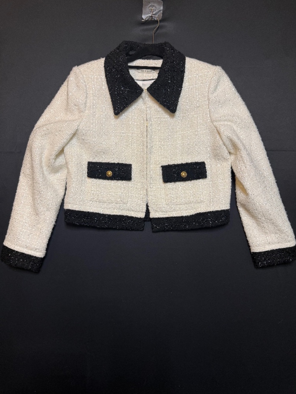 Alice + Olivia Topher Boxy Tweed Jacket Off White Black Cropped Blazer Medium